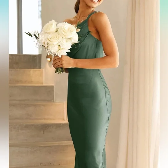 Army green satin one shoulder midi dress - Picture 3 of 5